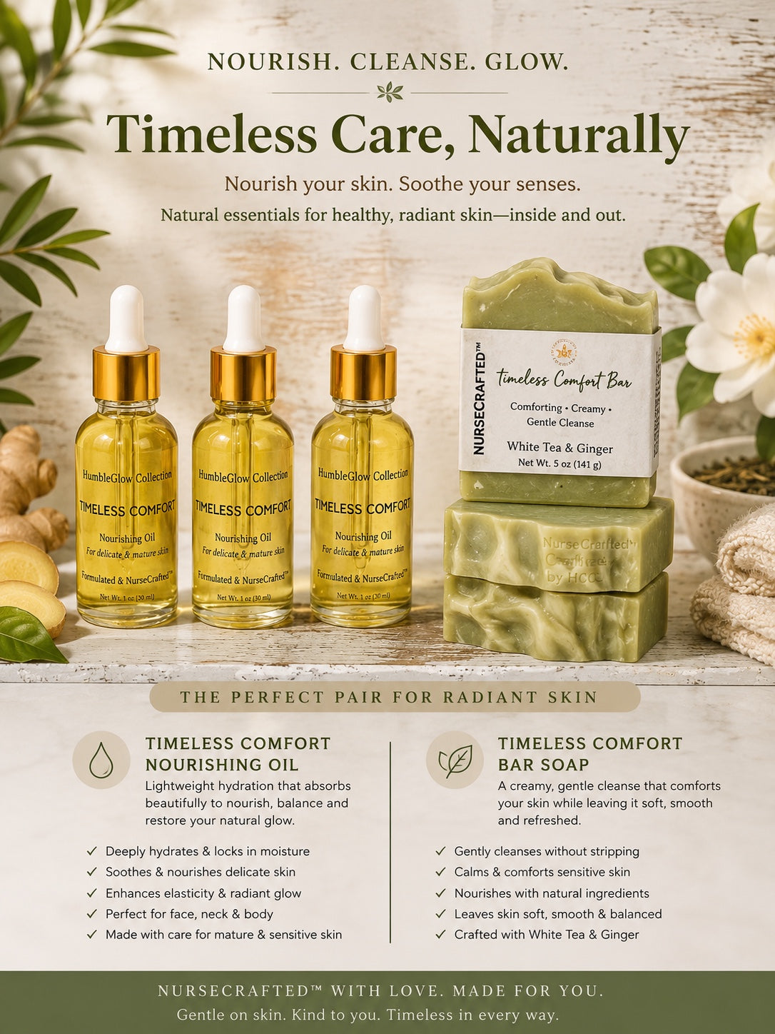 Timeless Comfort Bundle | Nourishing Bar & Body Oil for Dry, Sensitive & Mature Skin | NurseCrafted™